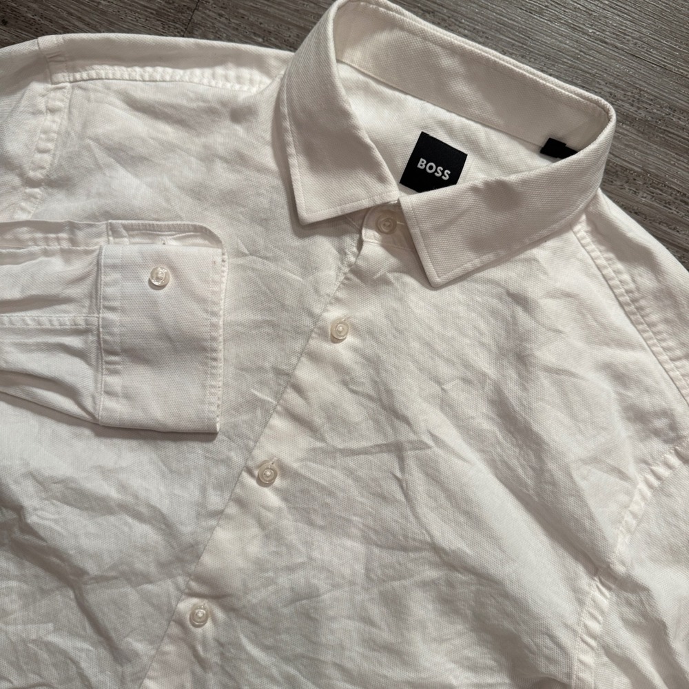 BOSS Dress Shirt Mens L 16.5 32/33 White Textured Cotton Sharp Fit Tailored Luxe